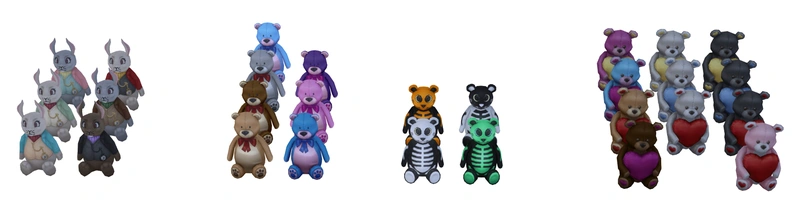 Mini White Rabbit, Blarfly, Skelly Bear, and Lots of Love Bear