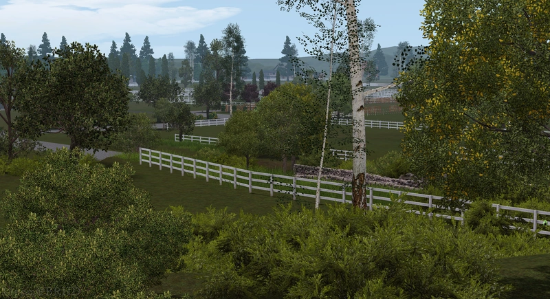 A white fenceline trailing through a diverse clearing of shrubs and trees, built in The Sims 3.