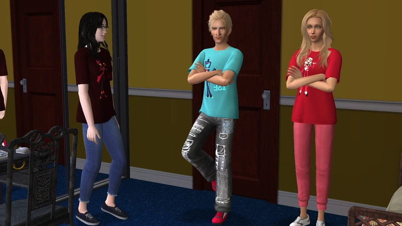 Penelope wearing the Alastor shirt, Atom wearing the Vox shirt, and Megan wearing the Charlie shirt