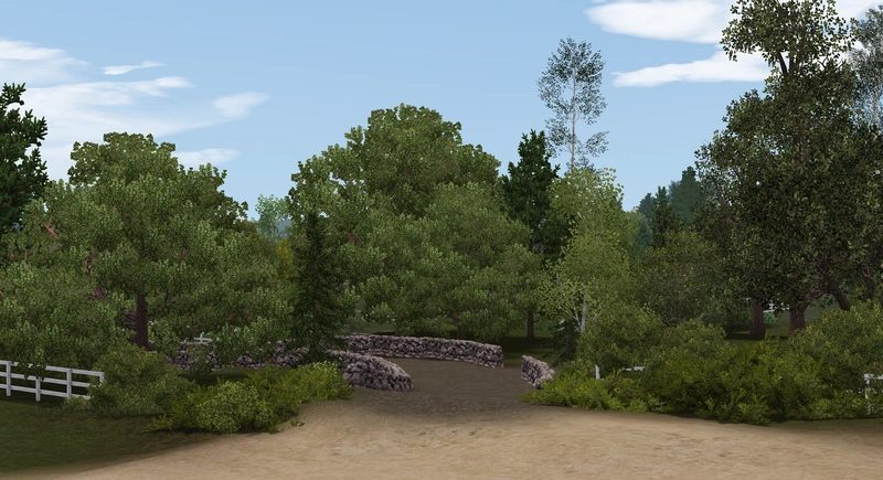 The entrance to a winding asphalt road surrounded by lush greenery and bordered by stone walls, built in The Sims 3.