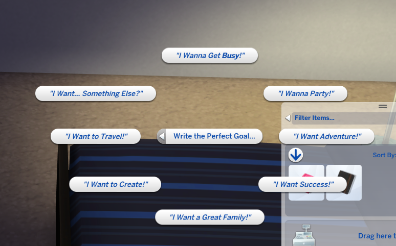 Image of the 'Write Perfect Goal' menu from a journal in a sim's inventory.